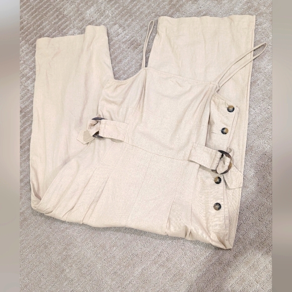 Promesa Beige Wideleg Cotton Jumpsuit with Button And Waist belt Detail - Picture 1 of 10